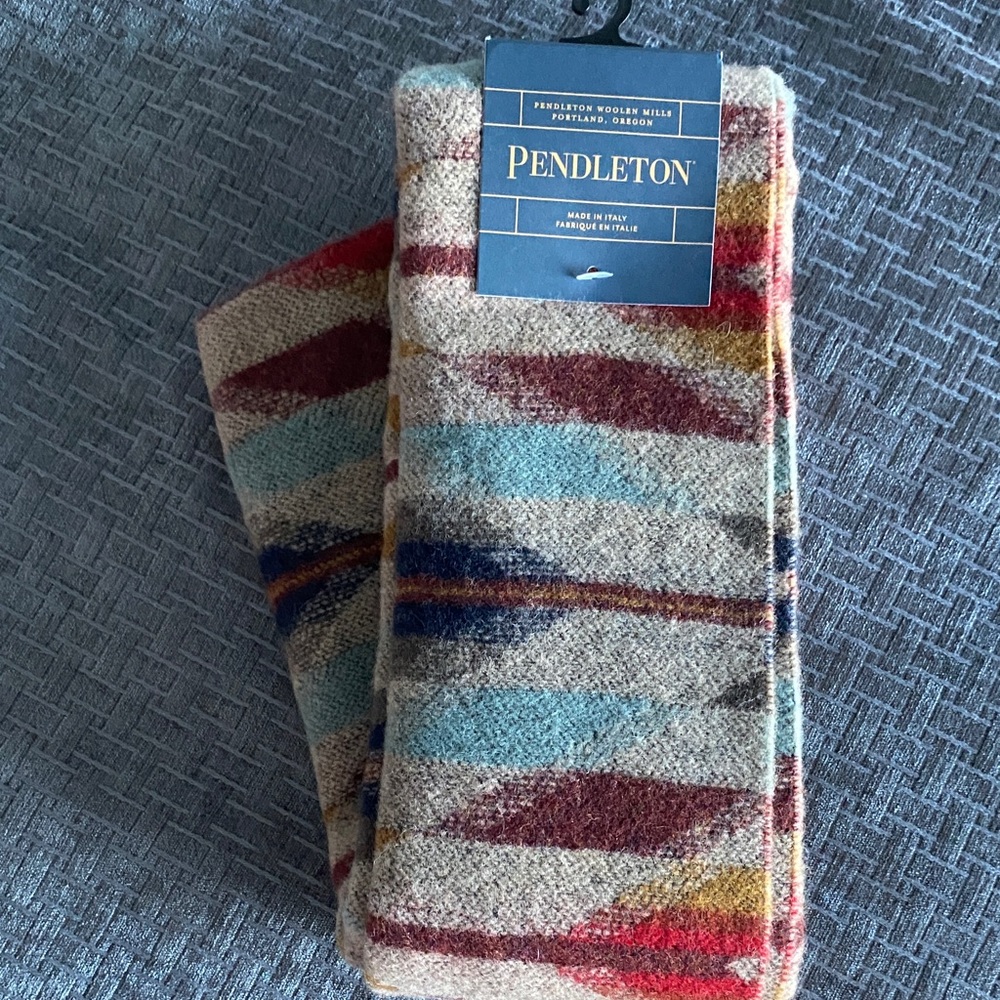 Pendleton Wool Scarf with Red, Blue, and Tan Stripes